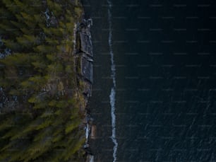 une vue aérienne d’un plan d’eau près d’une forêt