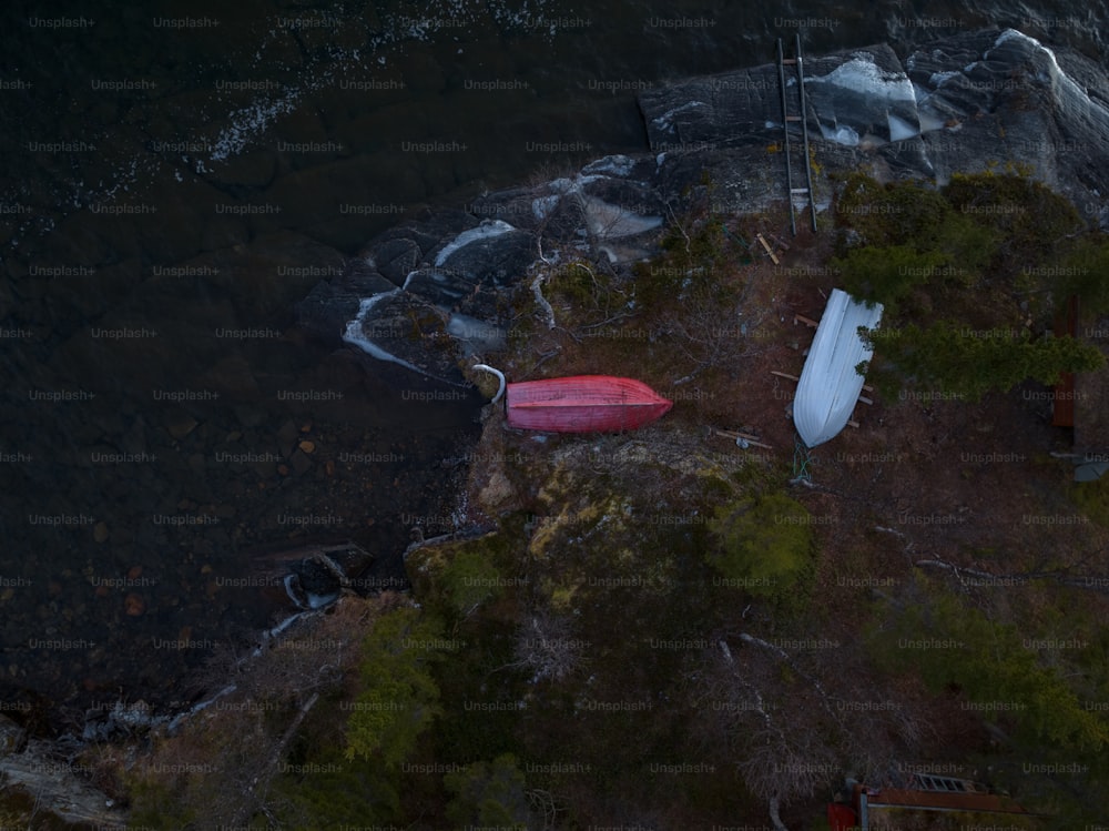 uma prancha de surf vermelha sentada no topo de uma colina ao lado de um corpo de água