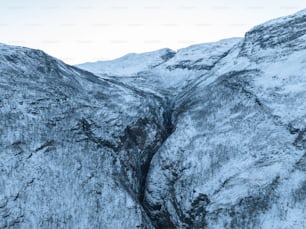 a snowy mountain with a stream running through it