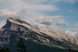 a very tall mountain covered in snow under a cloudy sky