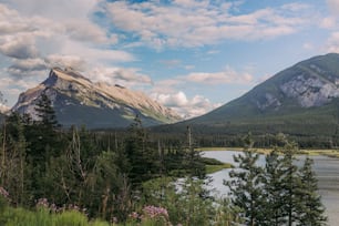 une vue panoramique d’une chaîne de montagnes avec un lac au premier plan