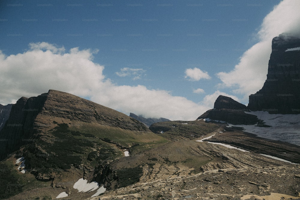 a view of a mountain range with snow on the ground