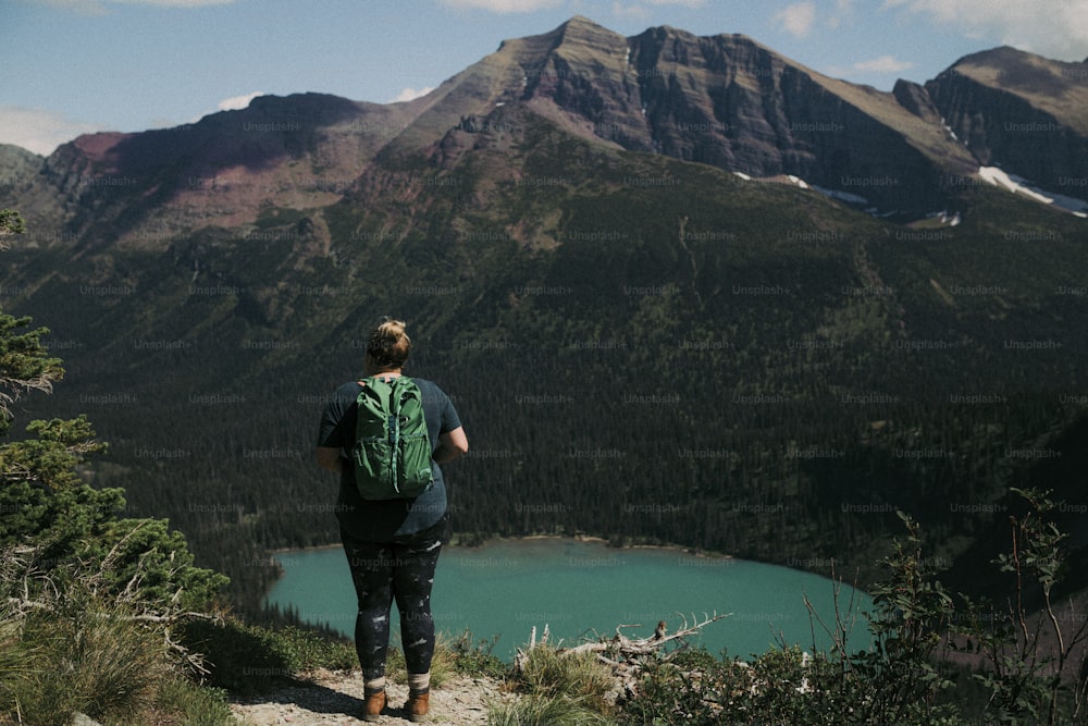 a person standing on a mountain looking at a lake