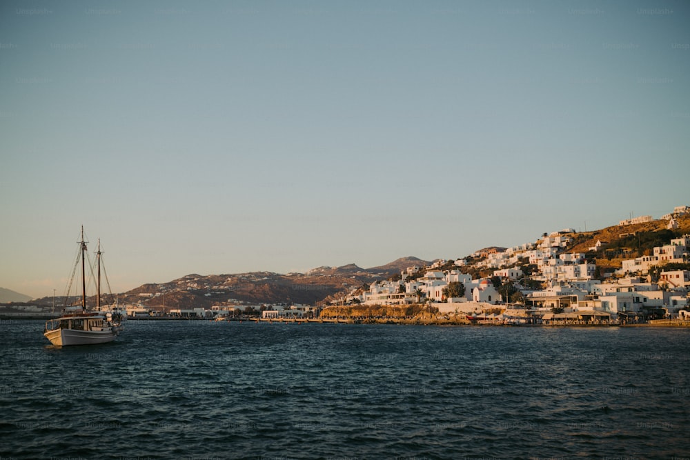 a boat is in the water near a city