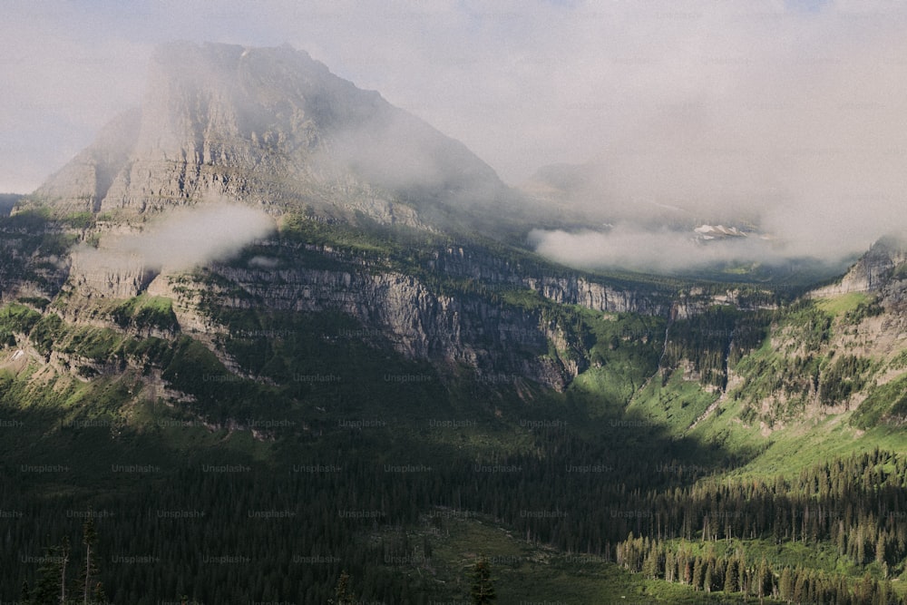 Blick auf eine Bergkette mit Bäumen im Vordergrund und Wolken im