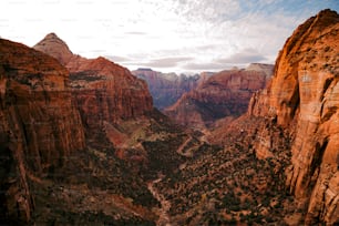 Una vista panorámica de un cañón con montañas al fondo