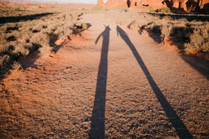 uma sombra de uma pessoa em pé em uma estrada de terra