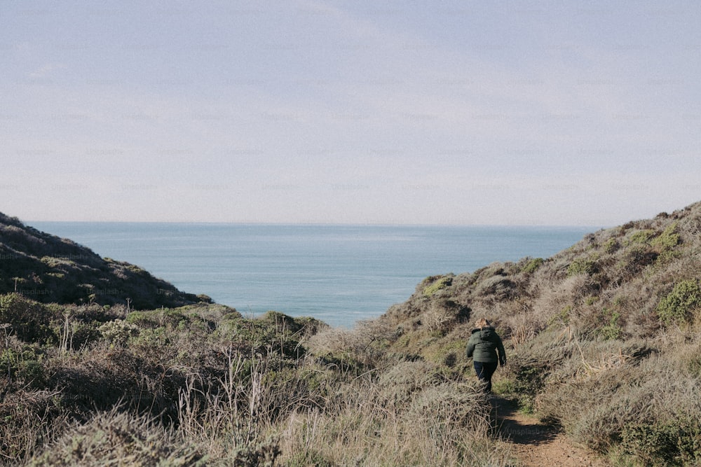 a person walking down a trail near the ocean