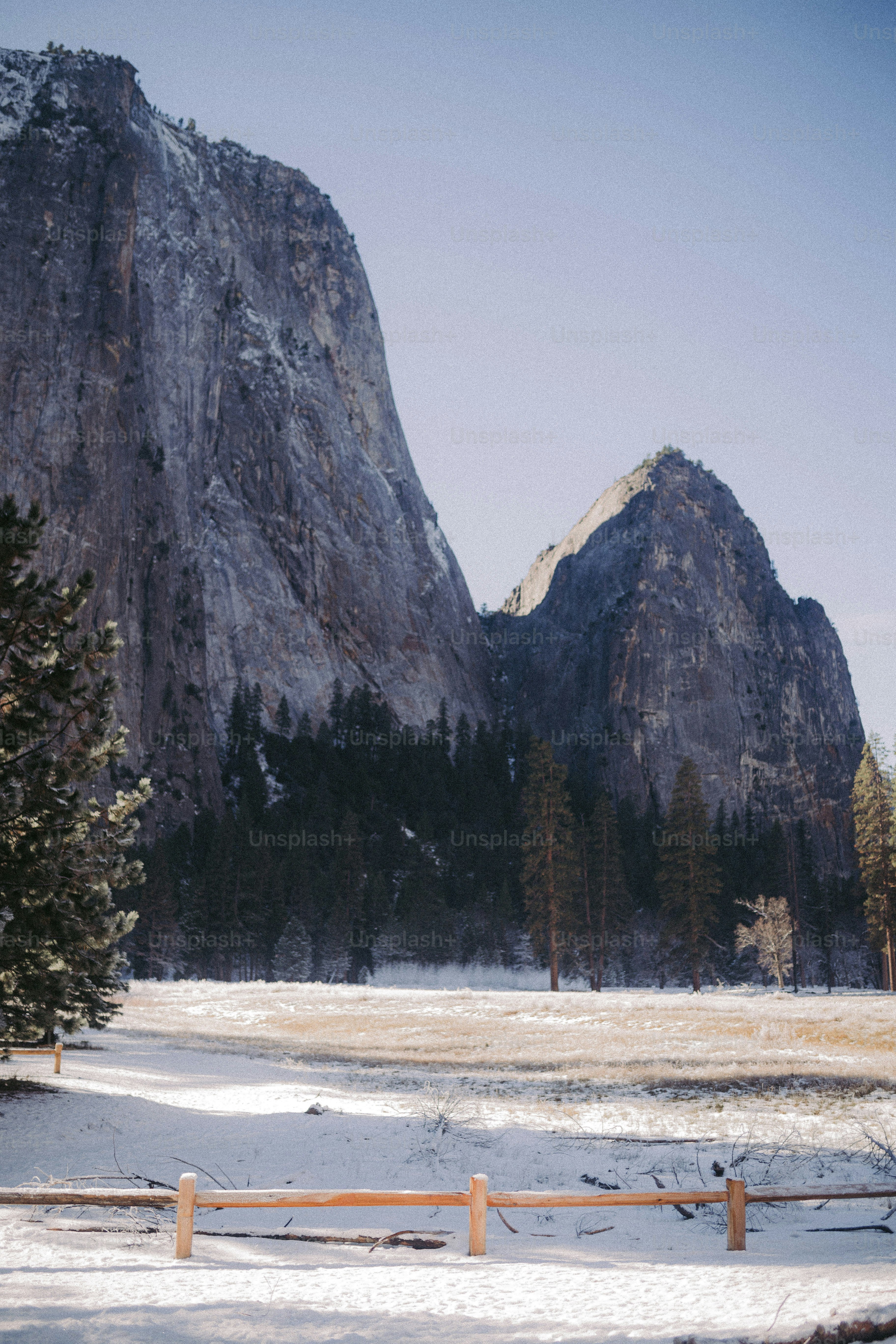 산을 배경으로 눈 덮인 들판
