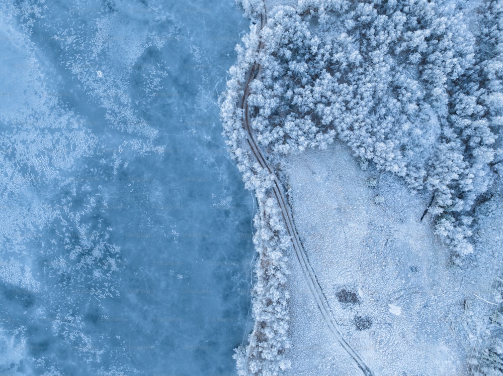 an aerial view of snow covered trees and water