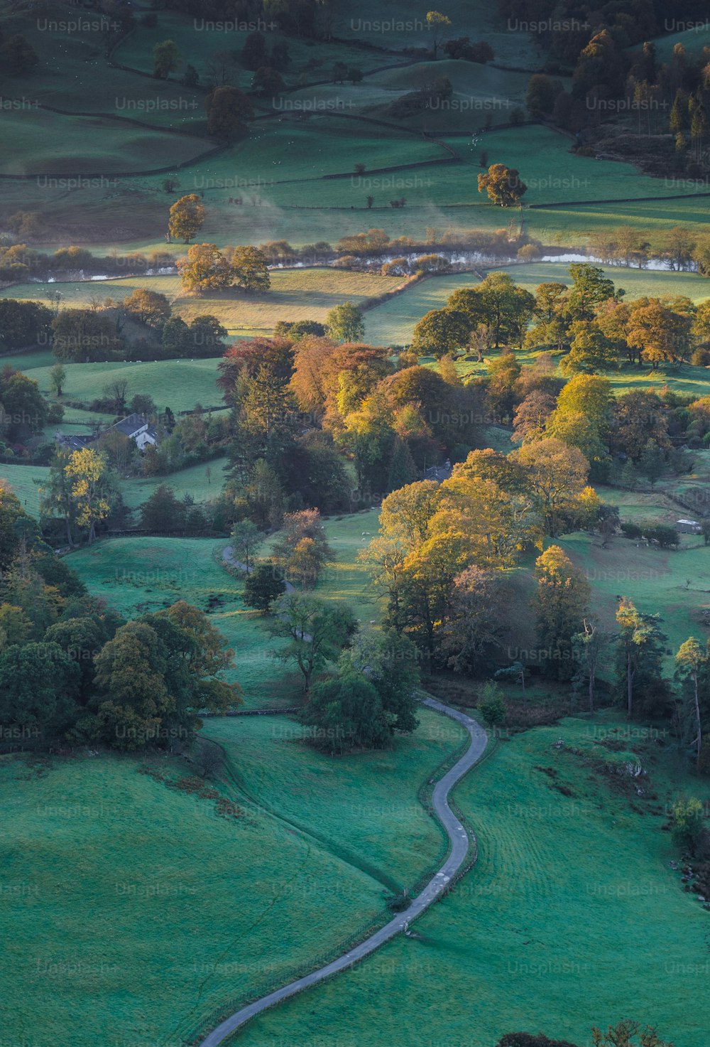 an aerial view of a winding country road