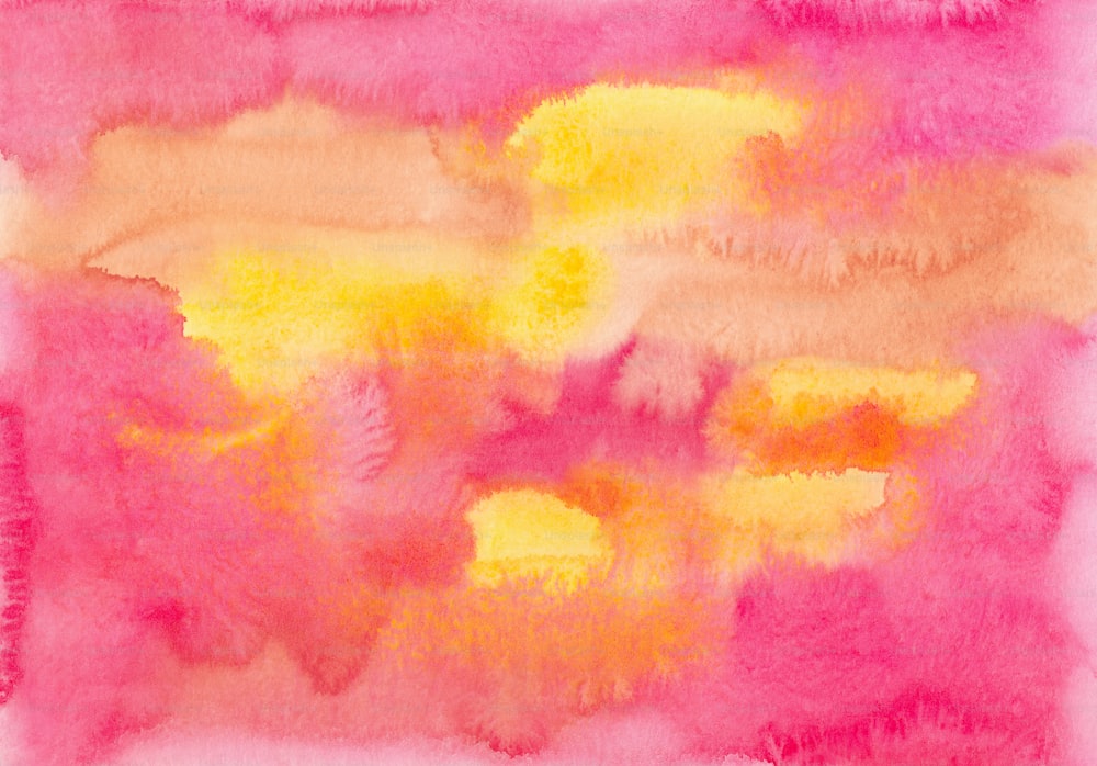 ein Gemälde in gelben und rosa Farben auf weißem Hintergrund