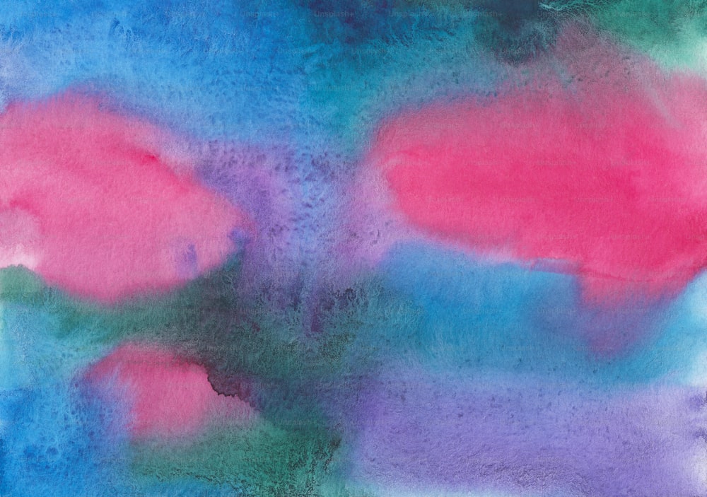 an abstract painting of blue, pink, and green