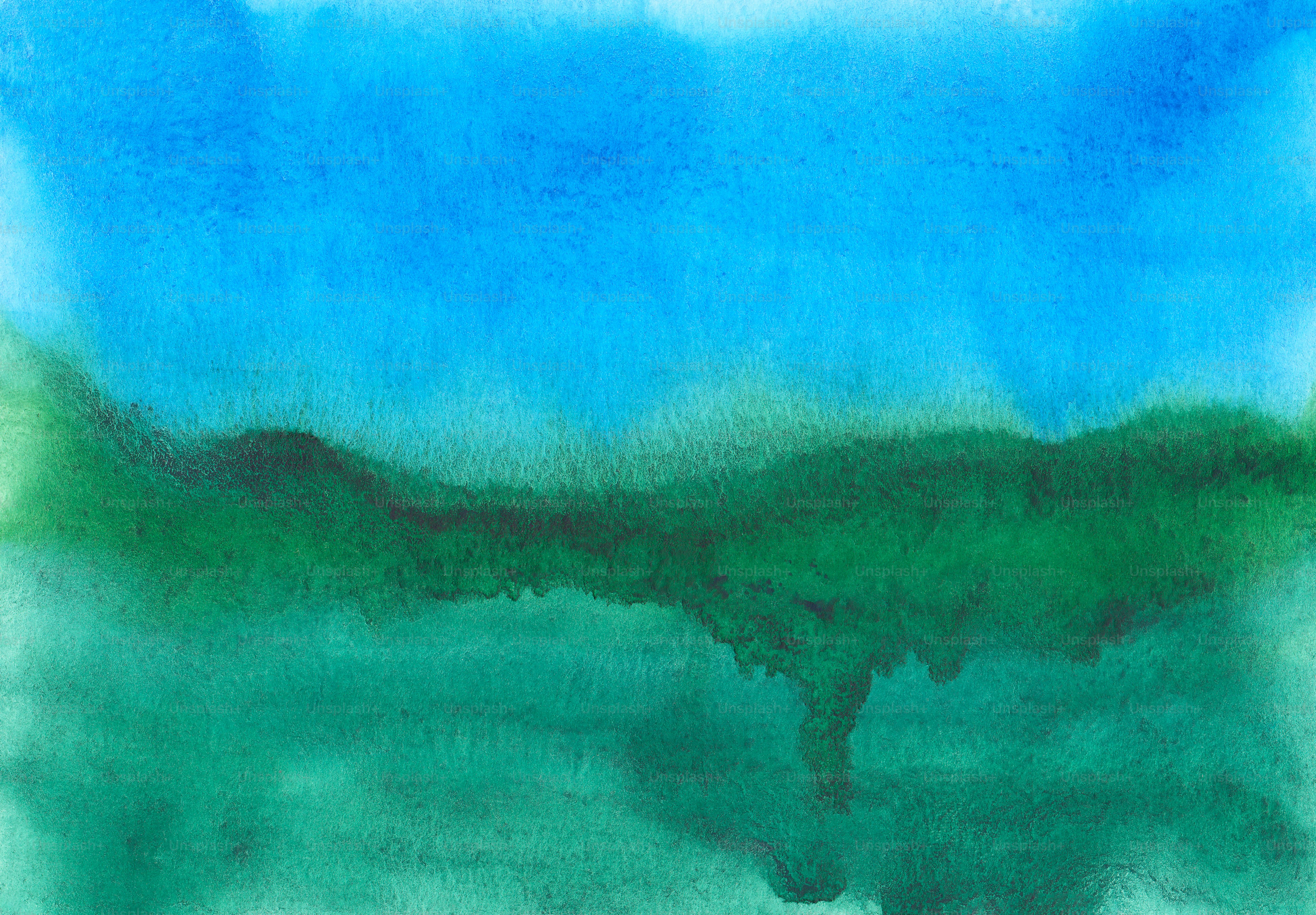 a painting of a green and blue landscape