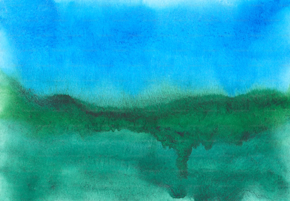 Una pintura de un paisaje verde y azul