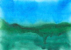 a painting of a green and blue landscape