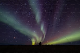 una persona in piedi in un campo sotto un cielo notturno
