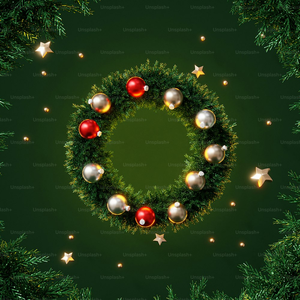 a christmas wreath with ornaments on a green background