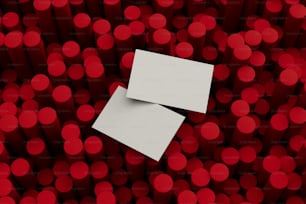 dois pedaços de papel sentados em cima de uma pilha de círculos vermelhos