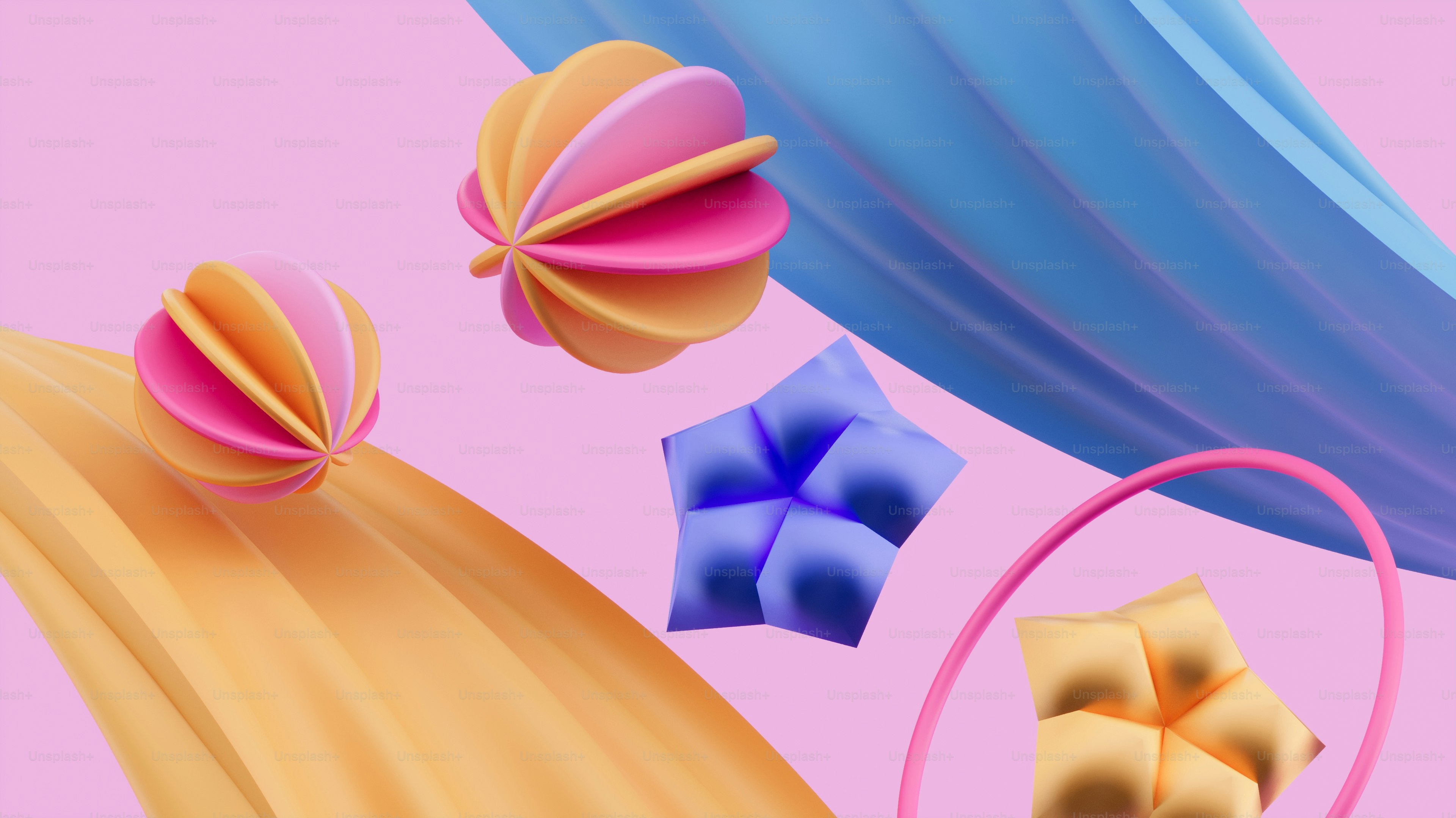 Ein Haufen verschiedenfarbiger Objekte liegt in der Luft