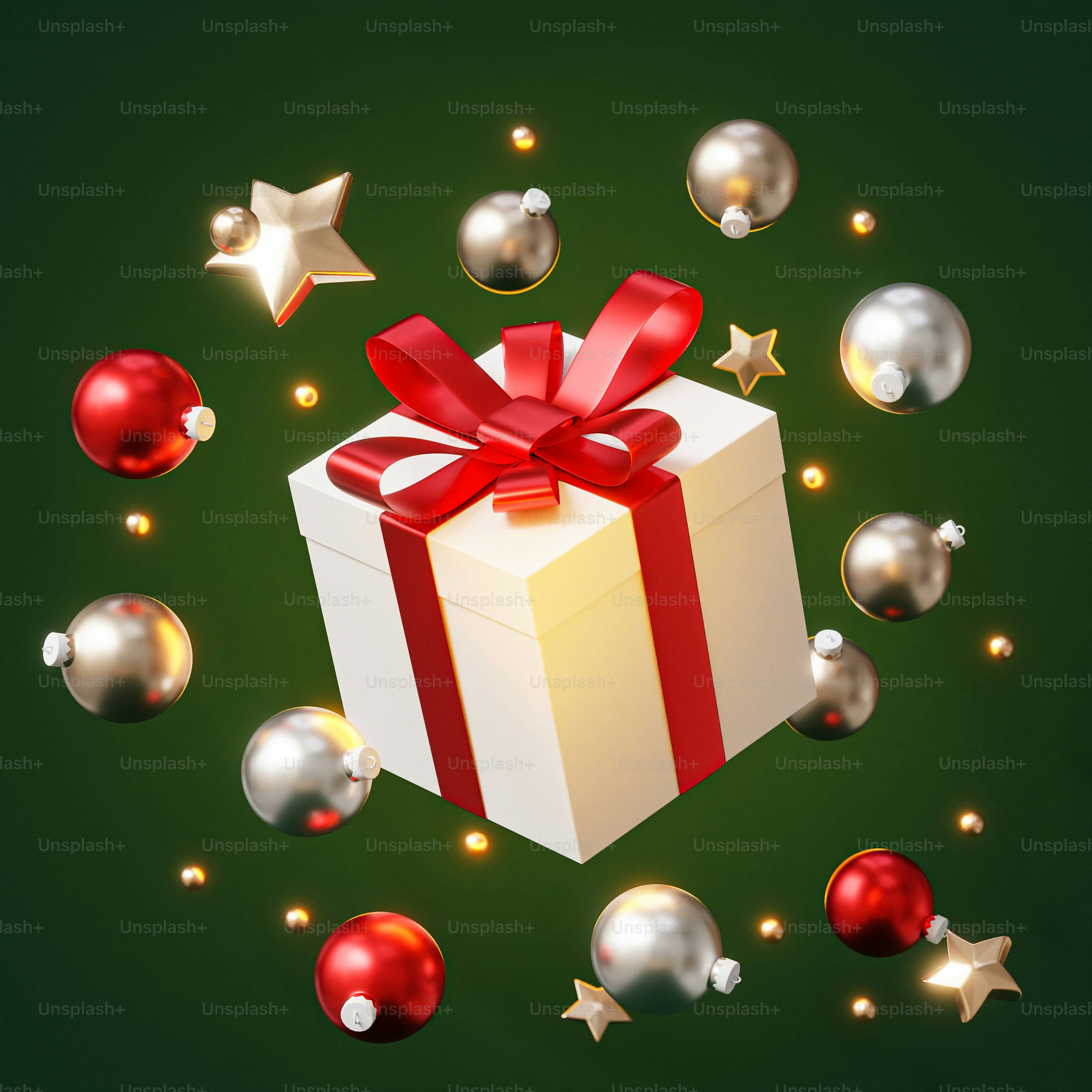 a white gift box with a red ribbon and a red bow