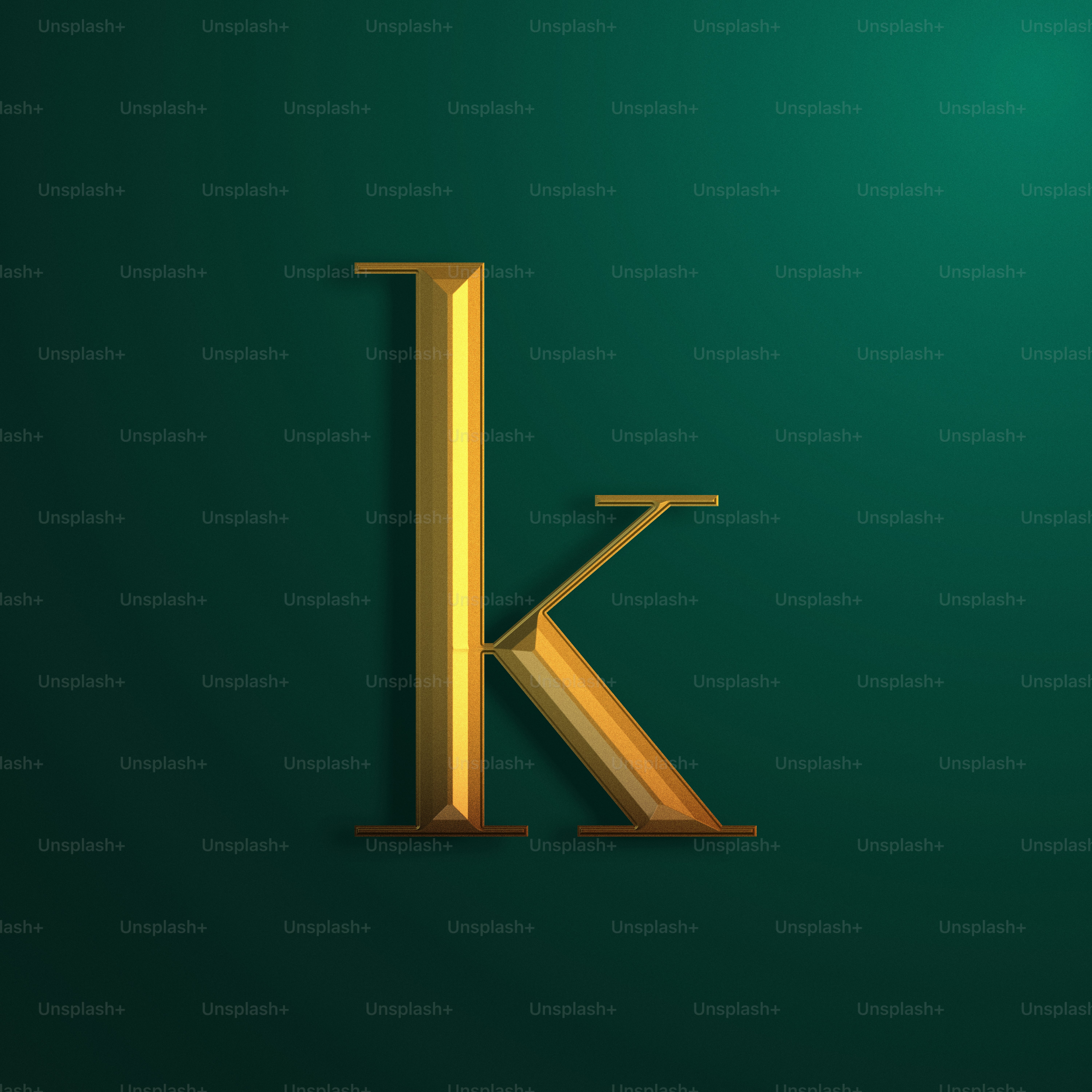 a gold letter k on a green background