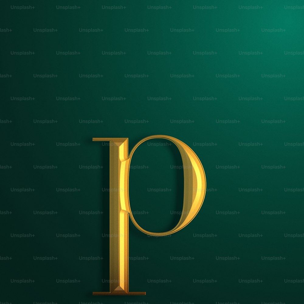 a golden letter on a green background