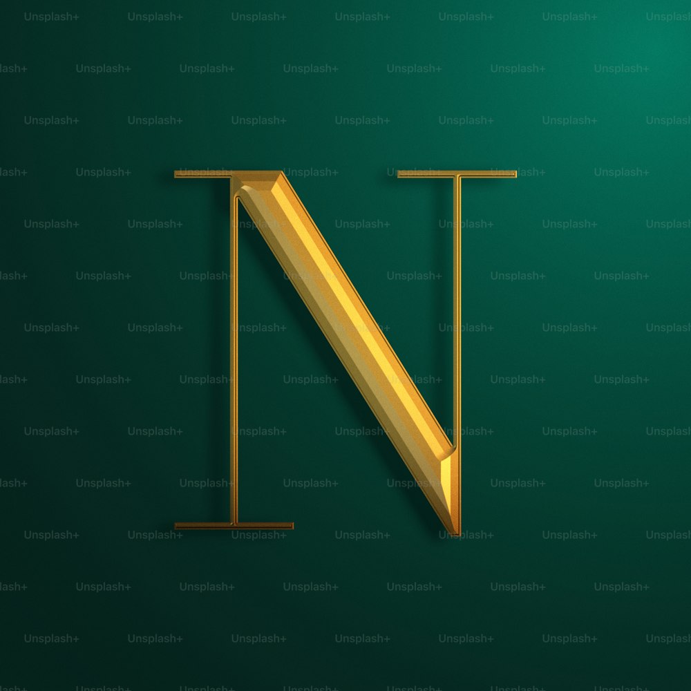 a gold letter n on a green background