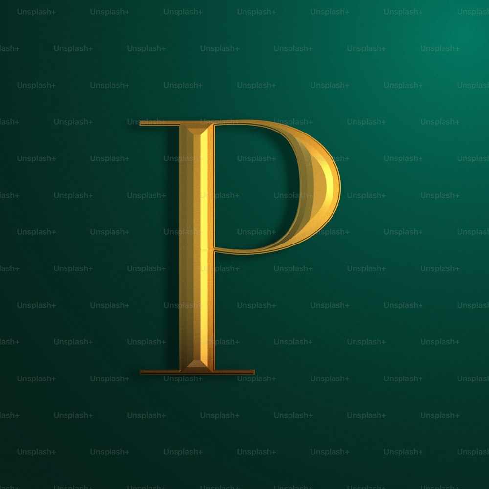 a golden letter p on a green background