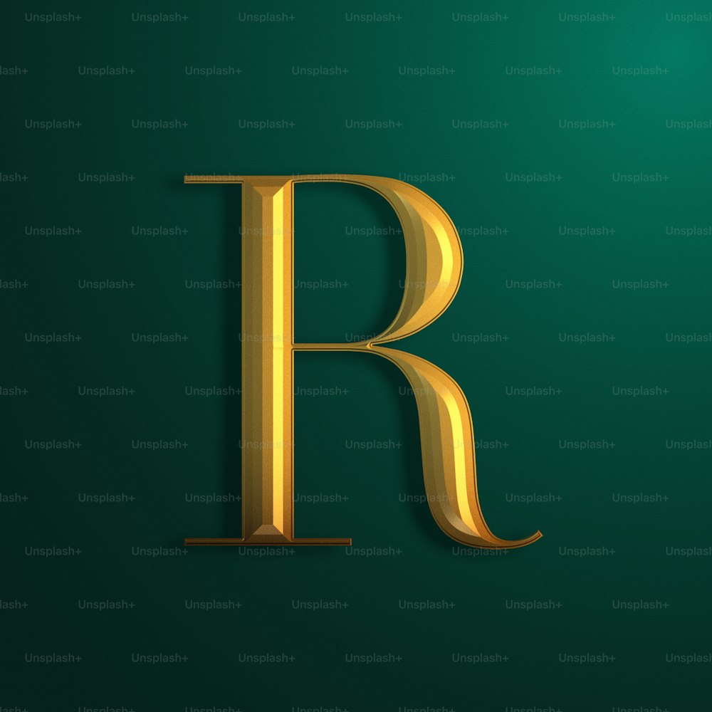 the letter r in gold on a green background