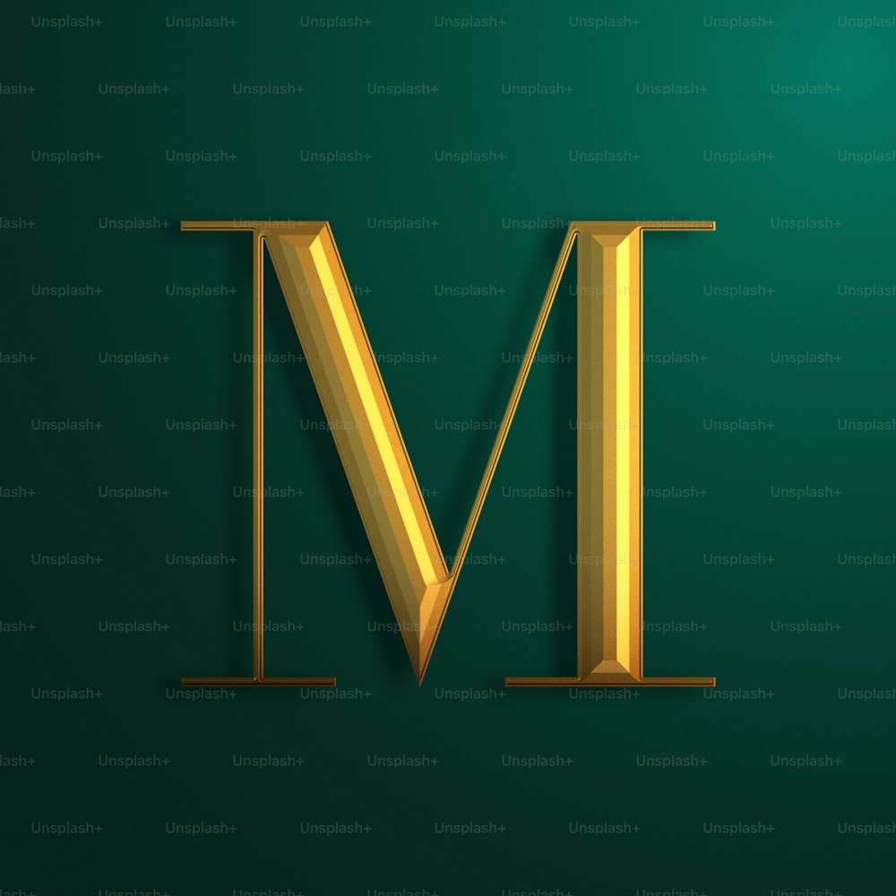 a gold letter m on a green background