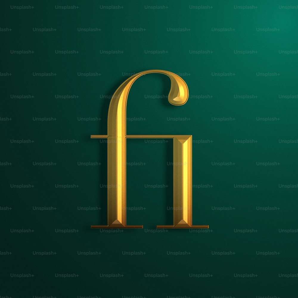 a gold letter with a curved top on a green background