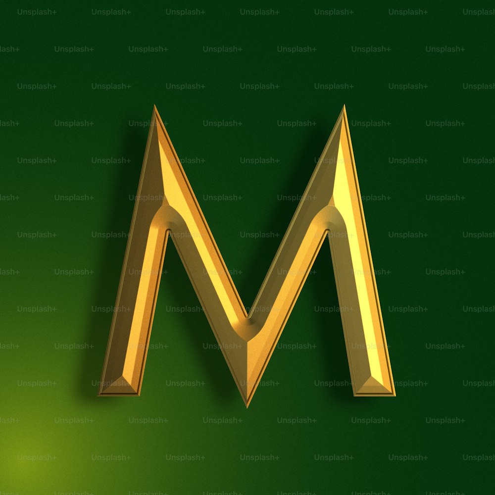 a gold letter m on a green background