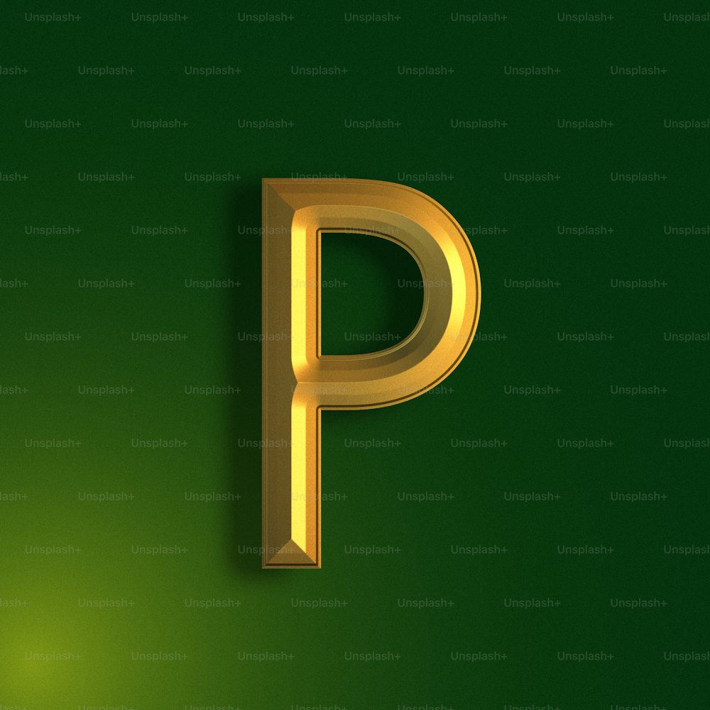 a golden letter p on a green background