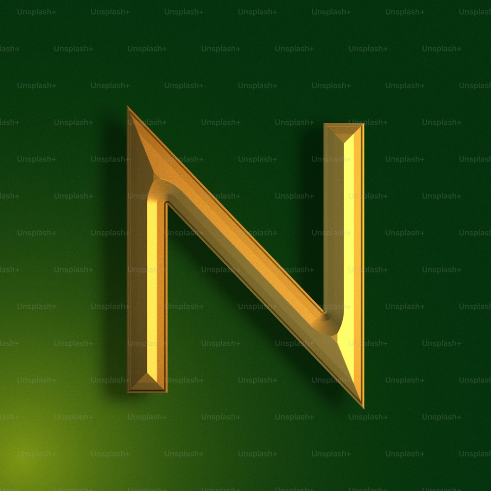 a gold letter n on a green background
