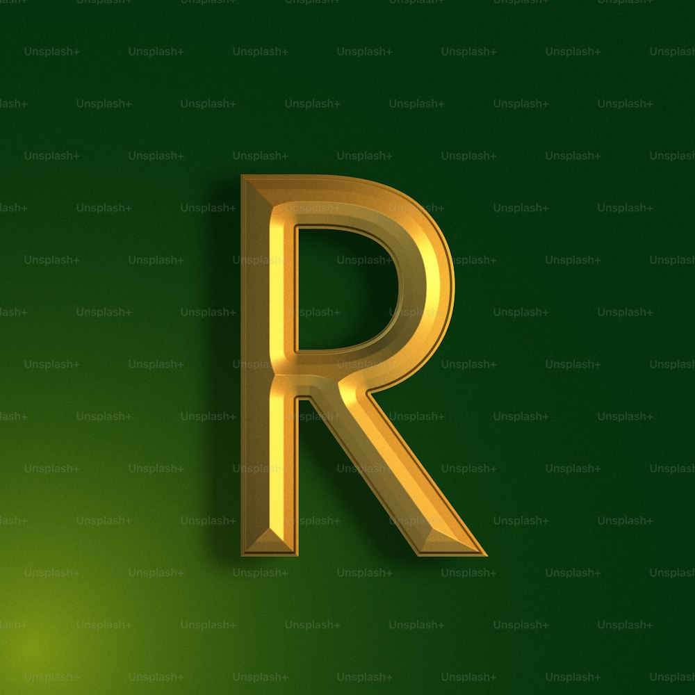 the letter r in gold on a green background