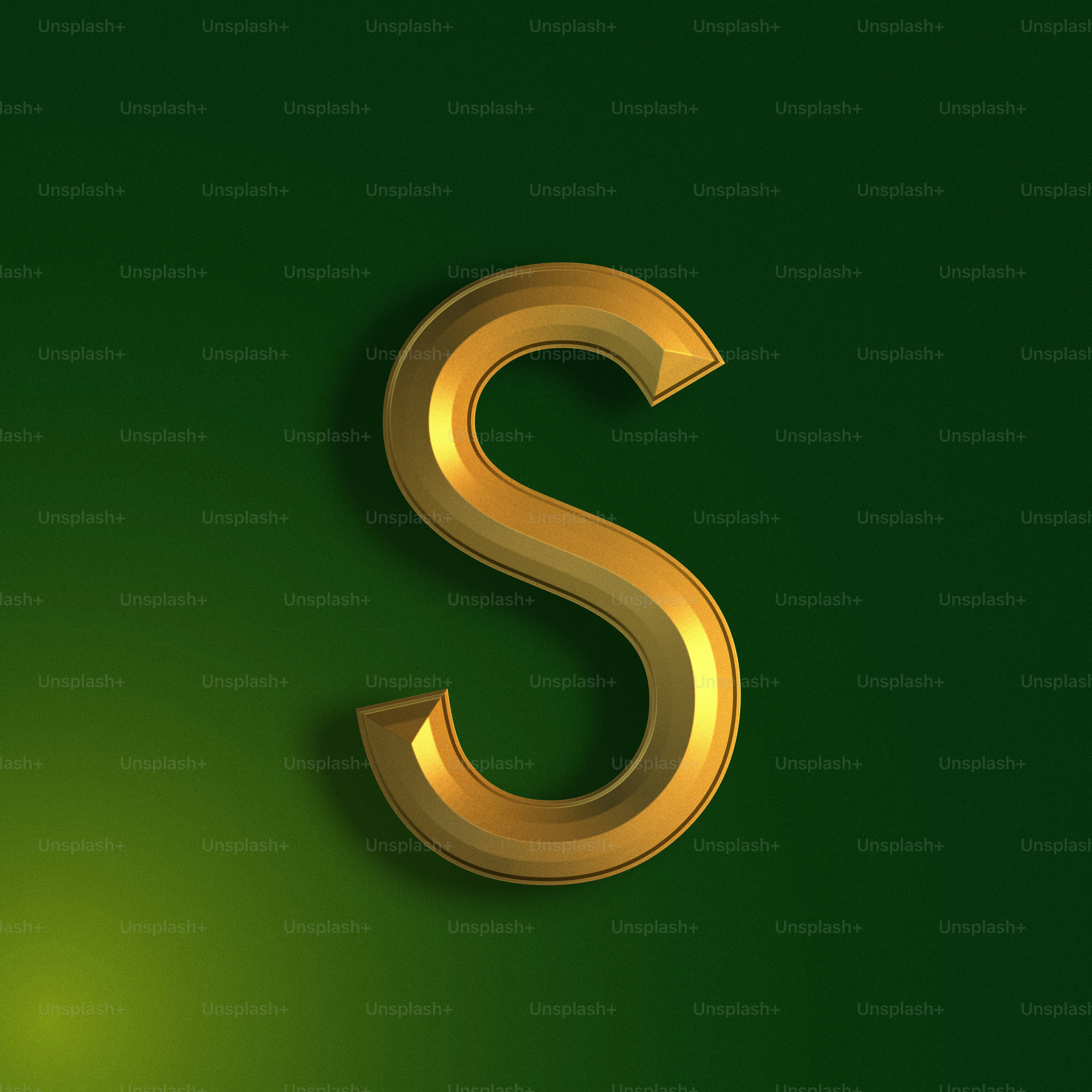 a gold letter s on a green background