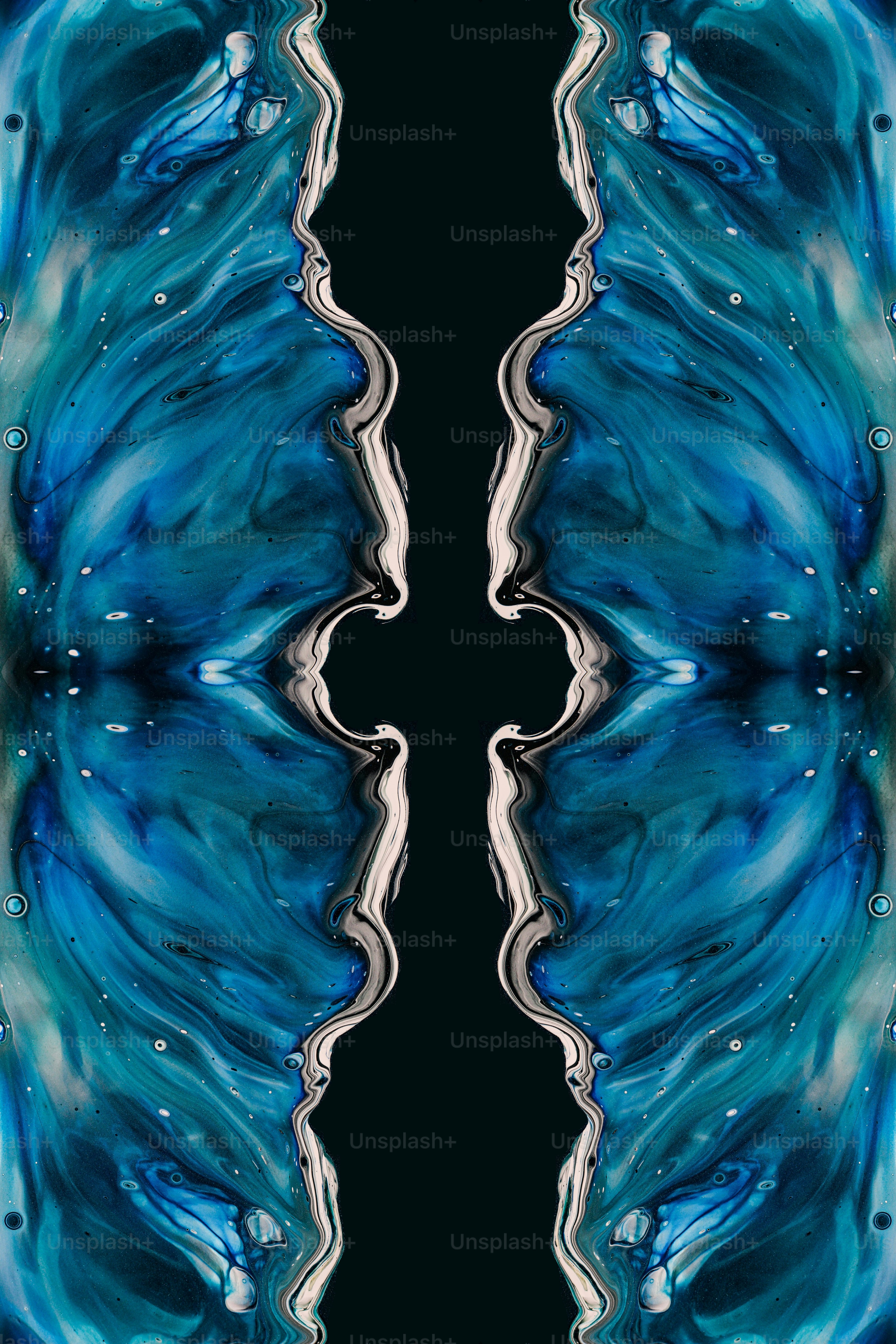 a blue and white abstract painting with a black background