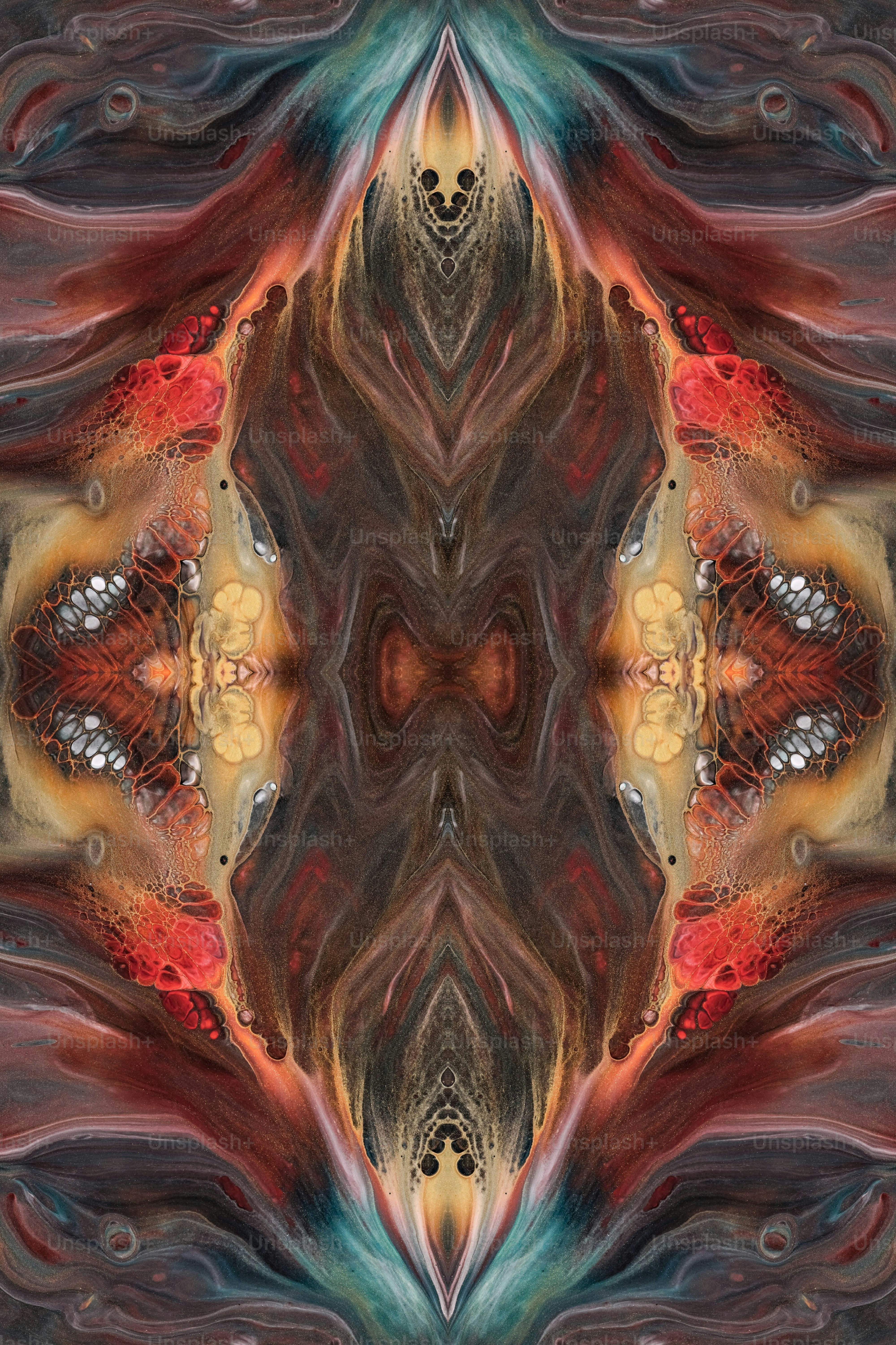 an abstract image of a flower in red, yellow, and blue