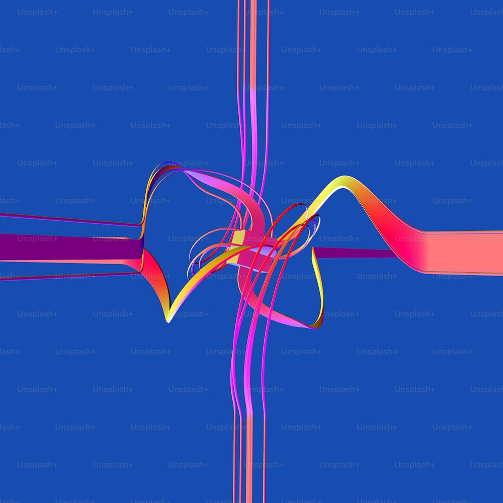 a blue background with a red, yellow, and pink ribbon