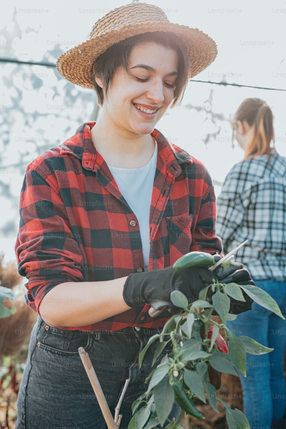 a woman wearing a straw hat and holding a plant