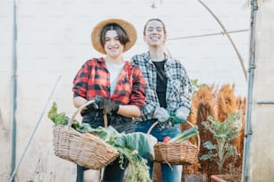 a couple of women standing next to each other holding baskets of vegetables