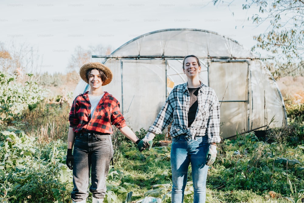 a man and a woman holding hands in a field