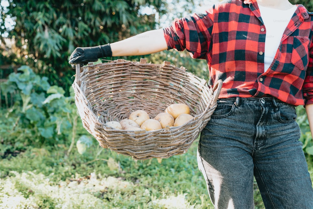 a woman holding a basket full of potatoes