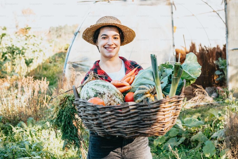 a man holding a basket full of vegetables