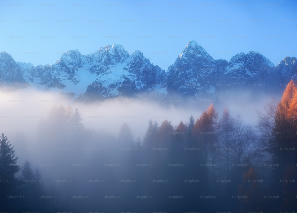 una vista di una catena montuosa coperta di nebbia