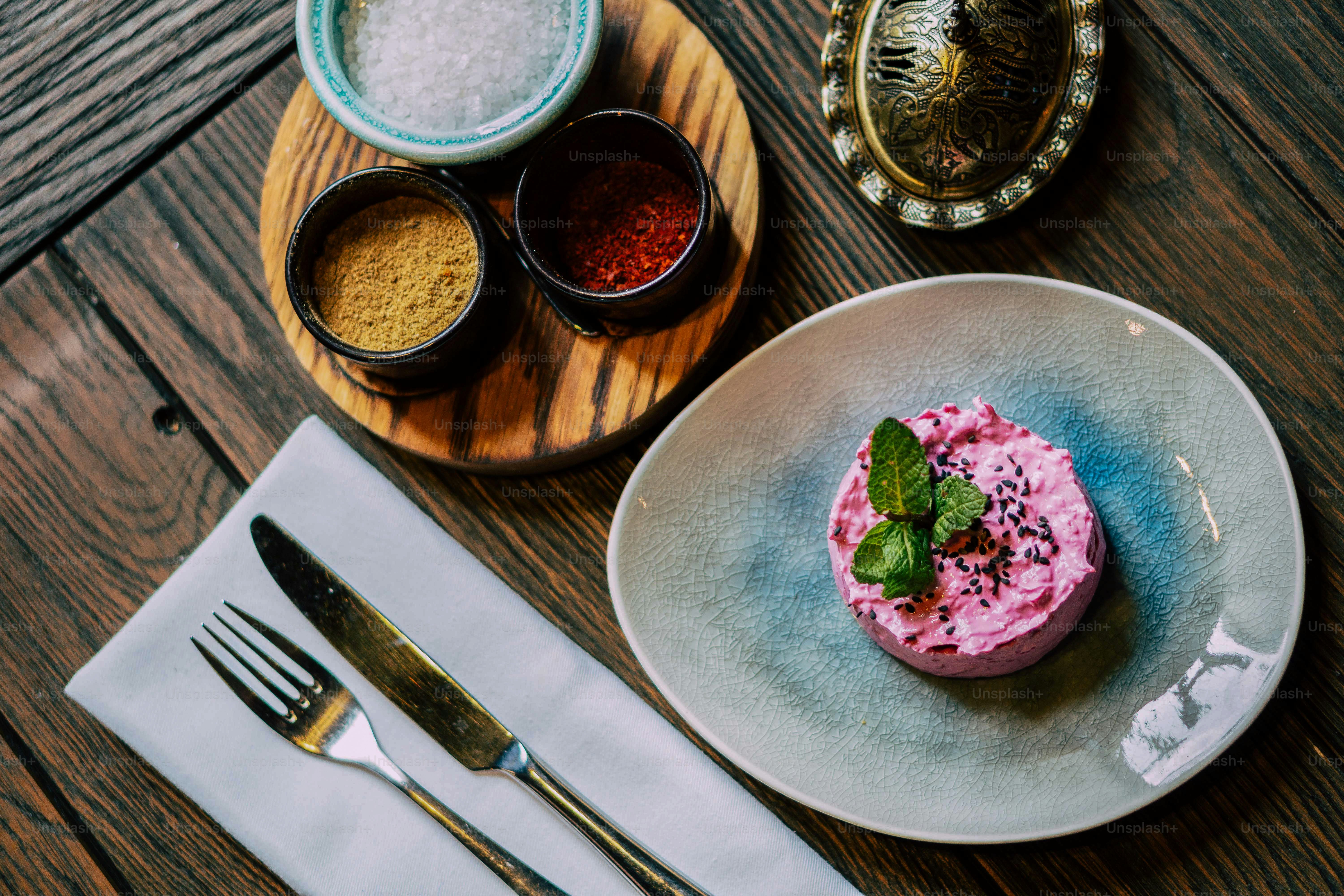 a plate of food on a wooden table