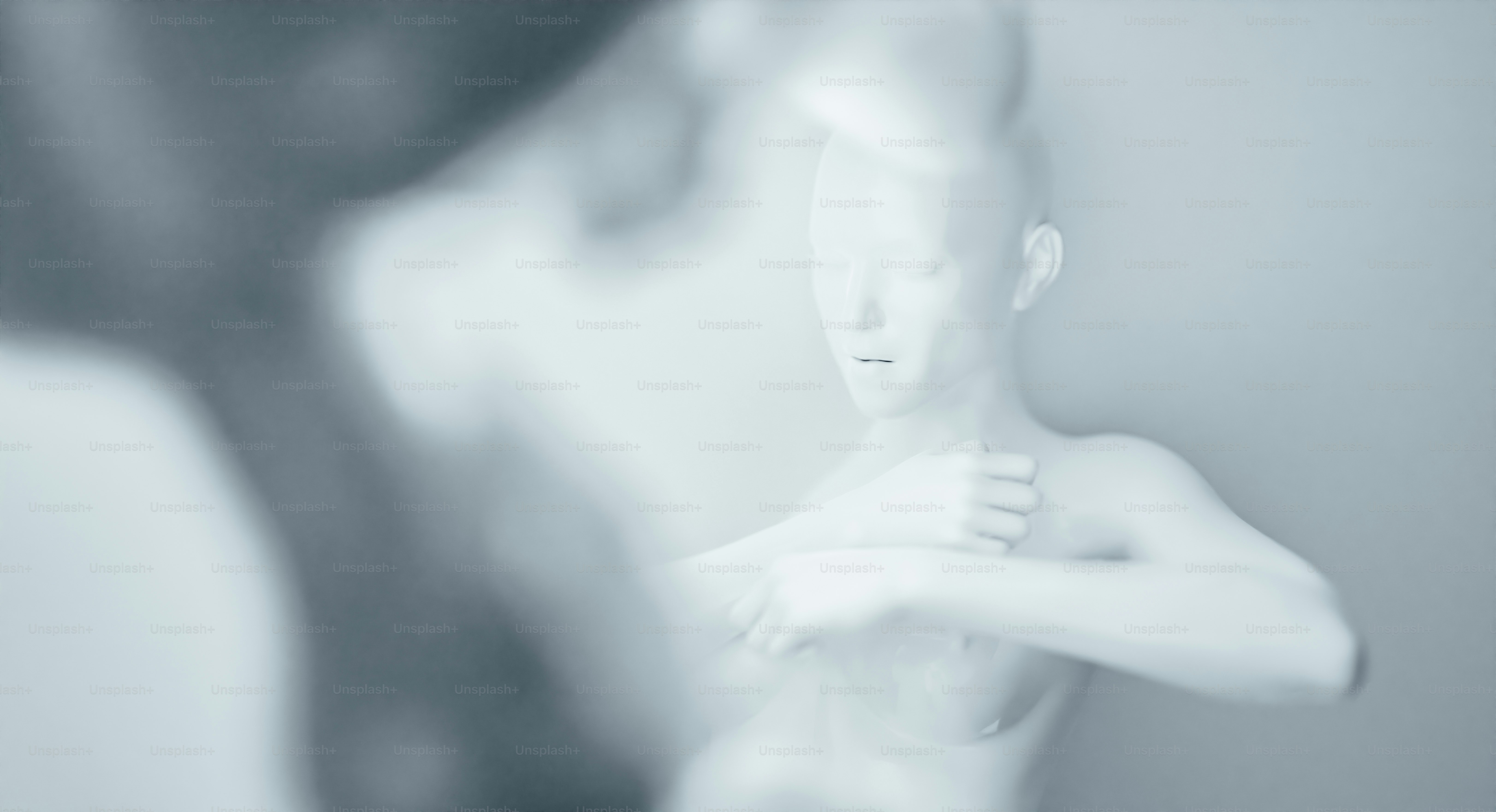 a white mannequin standing in front of a mirror