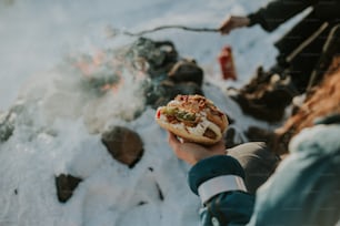 a person holding a hot dog in front of a campfire
