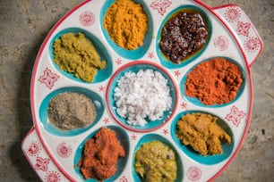 a plate with a variety of spices on it